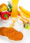 Classic Milanese Veal Cutlets And Vegetables Stock Photo