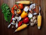 Mixed Of Asian Vegetable On Wood Table Top Stock Photo