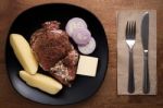 Raw Pork Steak Still Life On Wooden Background Stock Photo