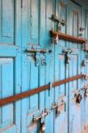 Colorful Ancient Door With Locks Stock Photo