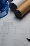 Architectural Plans Project Drawing With Blueprints Rolls Stock Photo