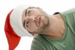 Santa Hat Man Looking Upward Stock Photo