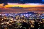 View Of Downtown Cityscape And Seoul Tower In Seoul, South Korea Stock Photo