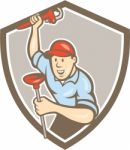 Plumber Wrench Plunger Front Shield Cartoon Stock Photo