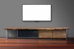 Led Tv On Concrete Wall With Wooden Furniture In Living Room Stock Photo