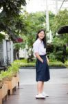 Portrait Of Thai High School Student Uniform Teen Beautiful Girl Happy And Relax, Stock Photo