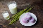 Japanese Sweet Black Sesame Daifuku With Rice Milk And Ear Of Ri Stock Photo