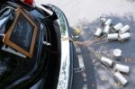 Rear View Of A Vintage Car With Just Married Sign And Cans Attached Stock Photo