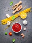 Italian Food And Menu Concept. Spaghetti With Ingredients Sweet Stock Photo