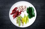 Group Of Ingredients And Condiment On Top Of The Table Stock Photo