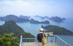 Women Shoulder Backpack On Pha Jun Jaras Viewpoint At Angthong Islands , Suratthani In Thailand Stock Photo