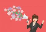 Business Woman Holding A Megaphone With Flowers Stock Photo