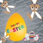 Easter Bunny With Big Yellow Egg On A Colorful Background. Happy Easter Day Stock Photo