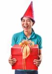 Woman Smile And Hold Gift Box In Hands Stock Photo