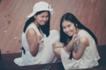 Two Asia Thai High School Student Best Friends Beautiful Girl Smile And Funny Stock Photo