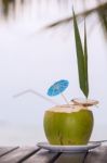 Coconut Water Drink Served In Coconut With Drinking Straw On The Stock Photo