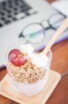 Granola With Fruits On Work Station Stock Photo