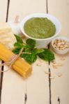 Italian Traditional Basil Pesto Pasta Ingredients Stock Photo