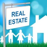 Real Estate Sign Indicates For Sale And Buildings Stock Photo