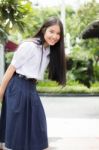 Portrait Of Thai High School Student Uniform Teen Beautiful Girl Happy And Relax, Stock Photo