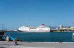 View Of A Cruise Ship Docked In Malaga Harbour Stock Photo