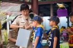 Student 9-10 Years Old, Scout In Adventure Activities, Scout Camp School Bangkok Thailand Stock Photo