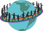 Children On Rainbow Around The Earth Stock Photo