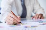 Working Process Startup. Businessman Working At The Wood Table W Stock Photo