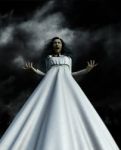 Ghost Woman In White Dress In Creepy Forest,3d Illustration Stock Photo