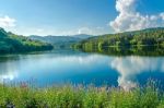 Landscape Of The Dam And Lake On The Mountain With Tree And Forest Stock Photo