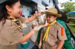 Student 9-10 Years Old, Welcome To Boy Scout Camp In Bangkok Thailand Stock Photo