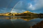 Double Rainbow Over The Otago Peninsula Stock Photo