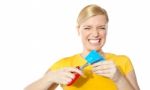 Woman Cutting Her Credit Card Stock Photo