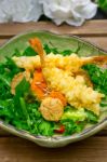 Fresh Japanese Tempura Shrimps With Salad Stock Photo