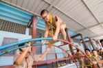 Student 9-10 Years Old, Scout In Adventure Activities, Scout Camp School Bangkok Thailand Stock Photo