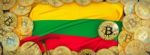 Bitcoins Gold Around Lithuania  Flag And Pickaxe On The Left.3d Stock Photo