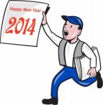 New Year 2014 Newspaper Boy Showing Sign Cartoon Stock Photo