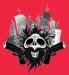 Smiling Skull Gangster Guns And Skycrapers Background Stock Photo