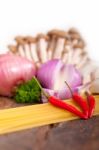 Italian Pasta And Mushroom Sauce Ingredients Stock Photo