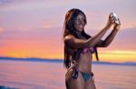 Beautiful Black African American Woman Posing On The Beach At Su Stock Photo