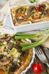 Quiche Lorraine With Chicken, Mushrooms And Broccoli Stock Photo