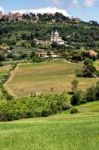 View Of San Biagio Church And Montepulciano Stock Photo