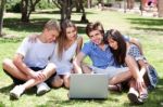 Friends Enjoying Movie In Park On Laptop Stock Photo