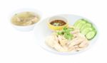 Hainanese Chicken Rice With Soup On White Background Stock Photo