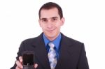 Businessman Shows Phone Stock Photo