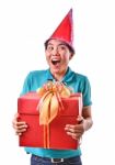 Woman Smile And Hold Gift Box In Hands Stock Photo