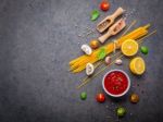 Italian Food And Menu Concept. Spaghetti With Ingredients Sweet Stock Photo