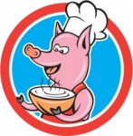 Pig Chef Cook Holding Bowl Circle Cartoon Stock Photo