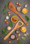 Italian Foods Concept And Menu Design. Fettuccine With Wooden Sp Stock Photo