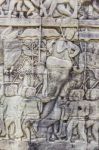 Historic Khmer Bas-relief Showing Hindu Legend Scenes At Bayon T Stock Photo